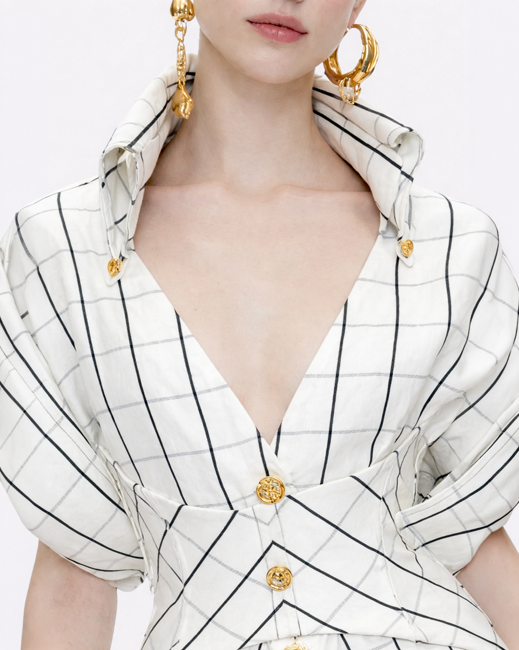 Structured Grid Mini Dress with Statement Collar