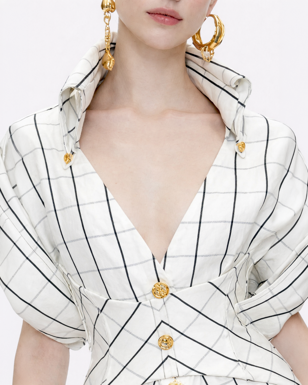 Structured Grid Mini Dress with Statement Collar
