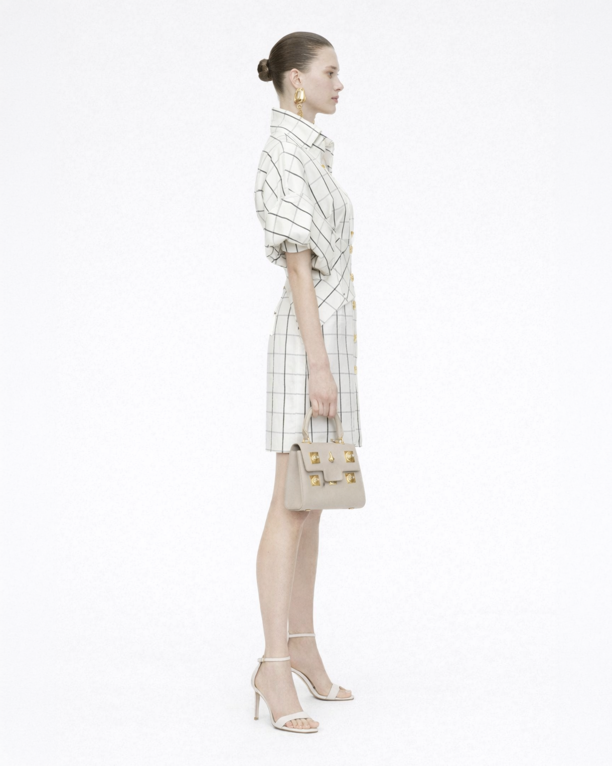 Structured Grid Mini Dress with Statement Collar