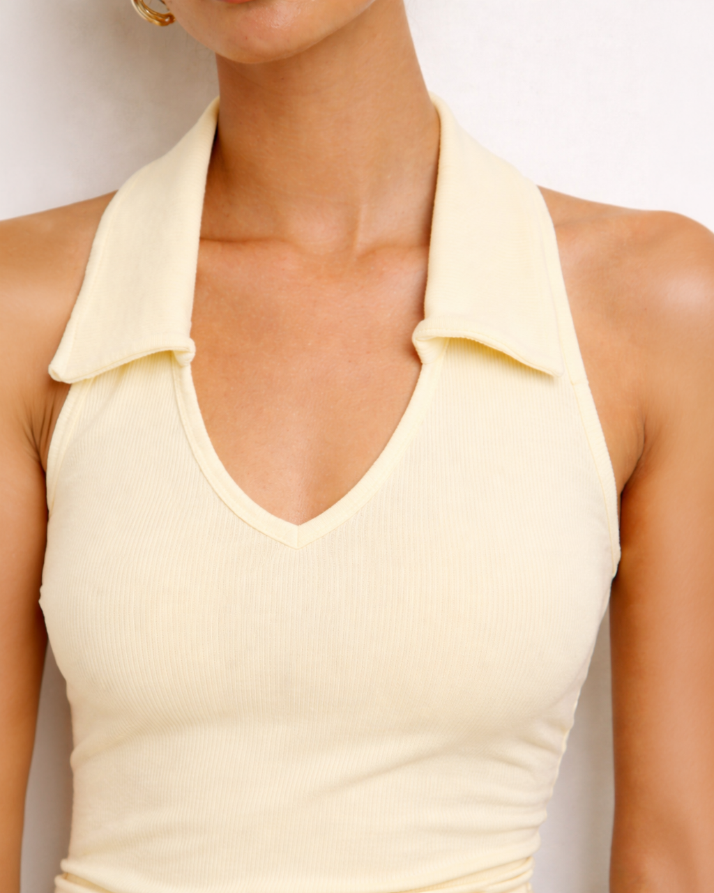Minimal Ribbed Halter Top in Soft Butter Yellow