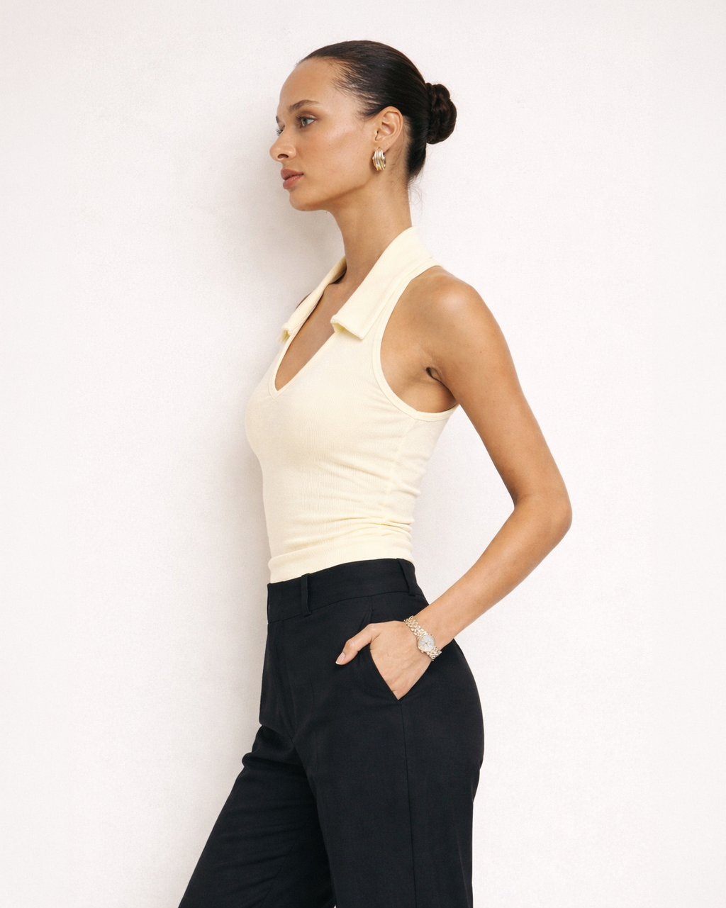 Minimal Ribbed Halter Top in Soft Butter Yellow