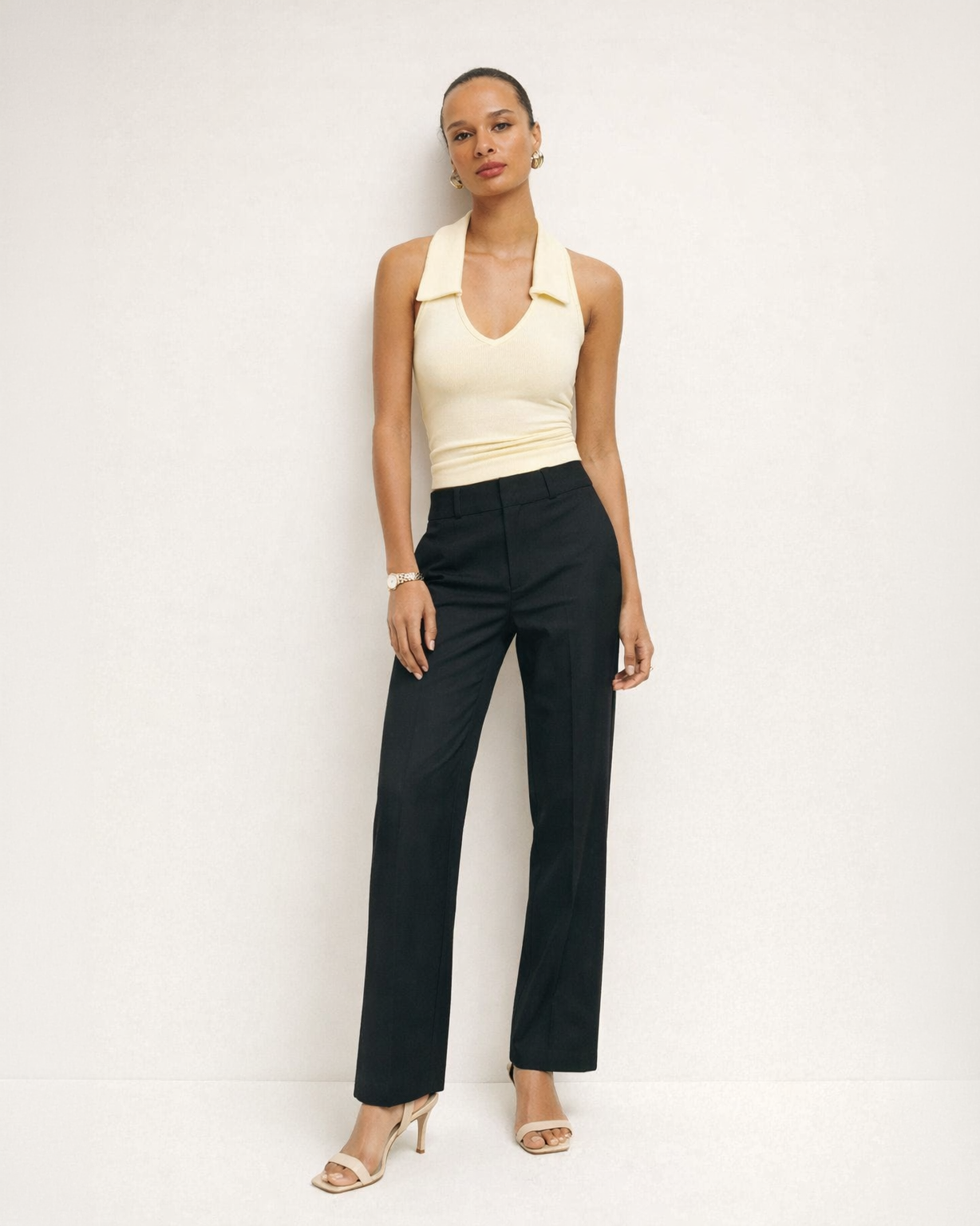 Minimal Ribbed Halter Top in Soft Butter Yellow