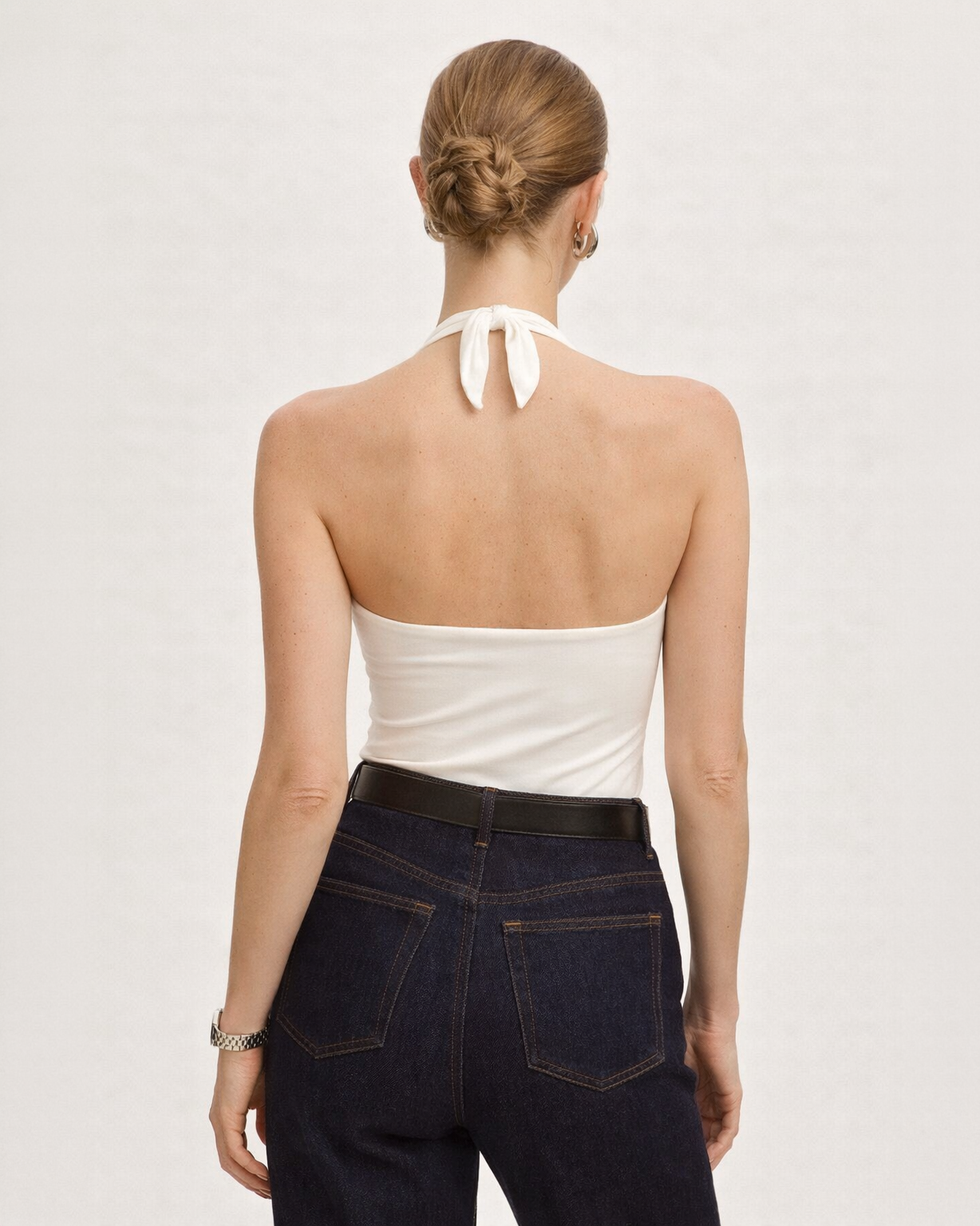 Sculpted Ivory Halter Top with Metal Eyelet Detail