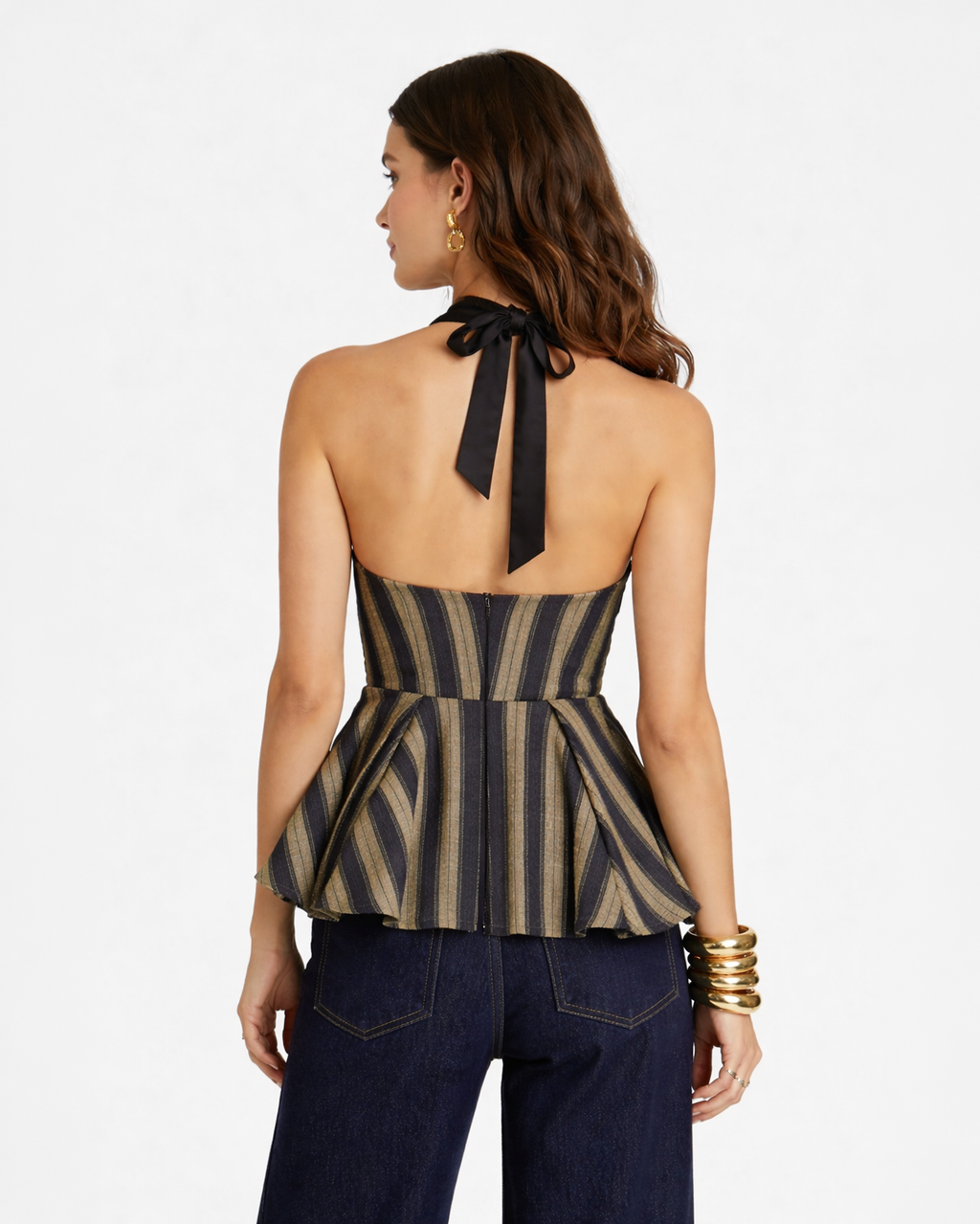 Midnight Stripe Sculpt Peplum Halter Top