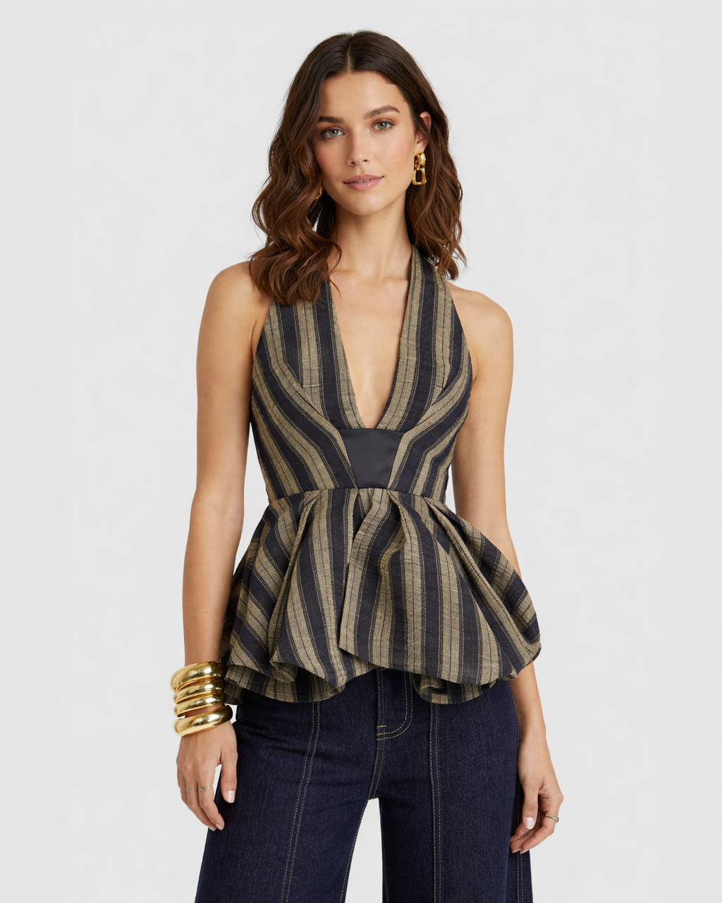 Midnight Stripe Sculpt Peplum Halter Top