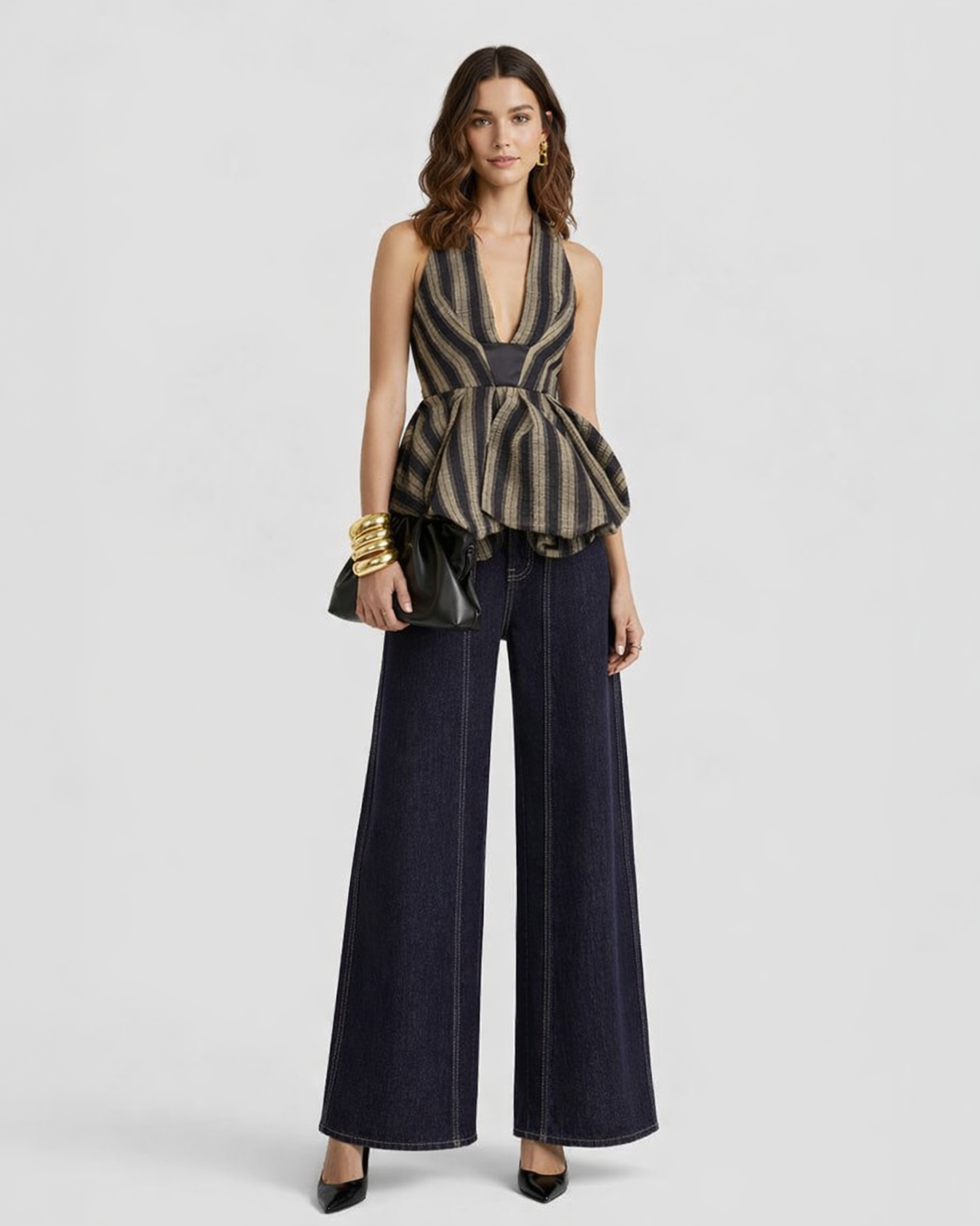 Midnight Stripe Sculpt Peplum Halter Top