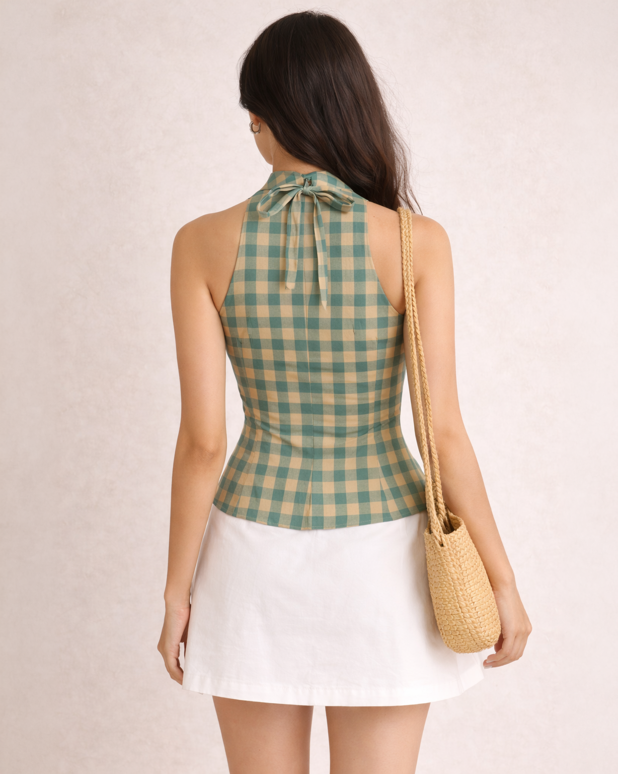 Sage Check Tie-Up Halter Top