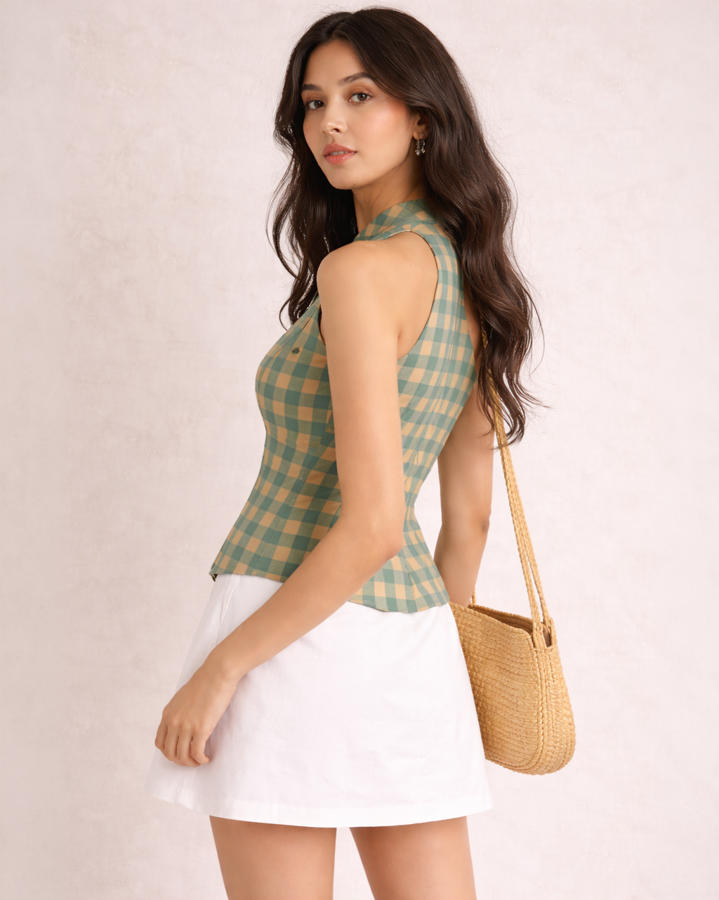 Sage Check Tie-Up Halter Top