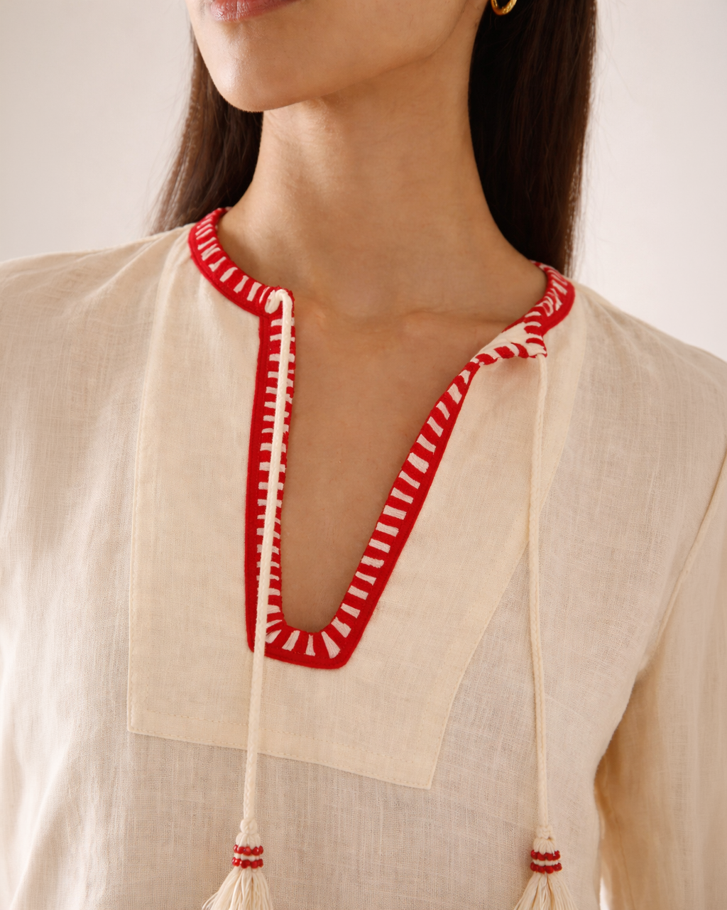Crimson Embroidered Linen Tunic Dress