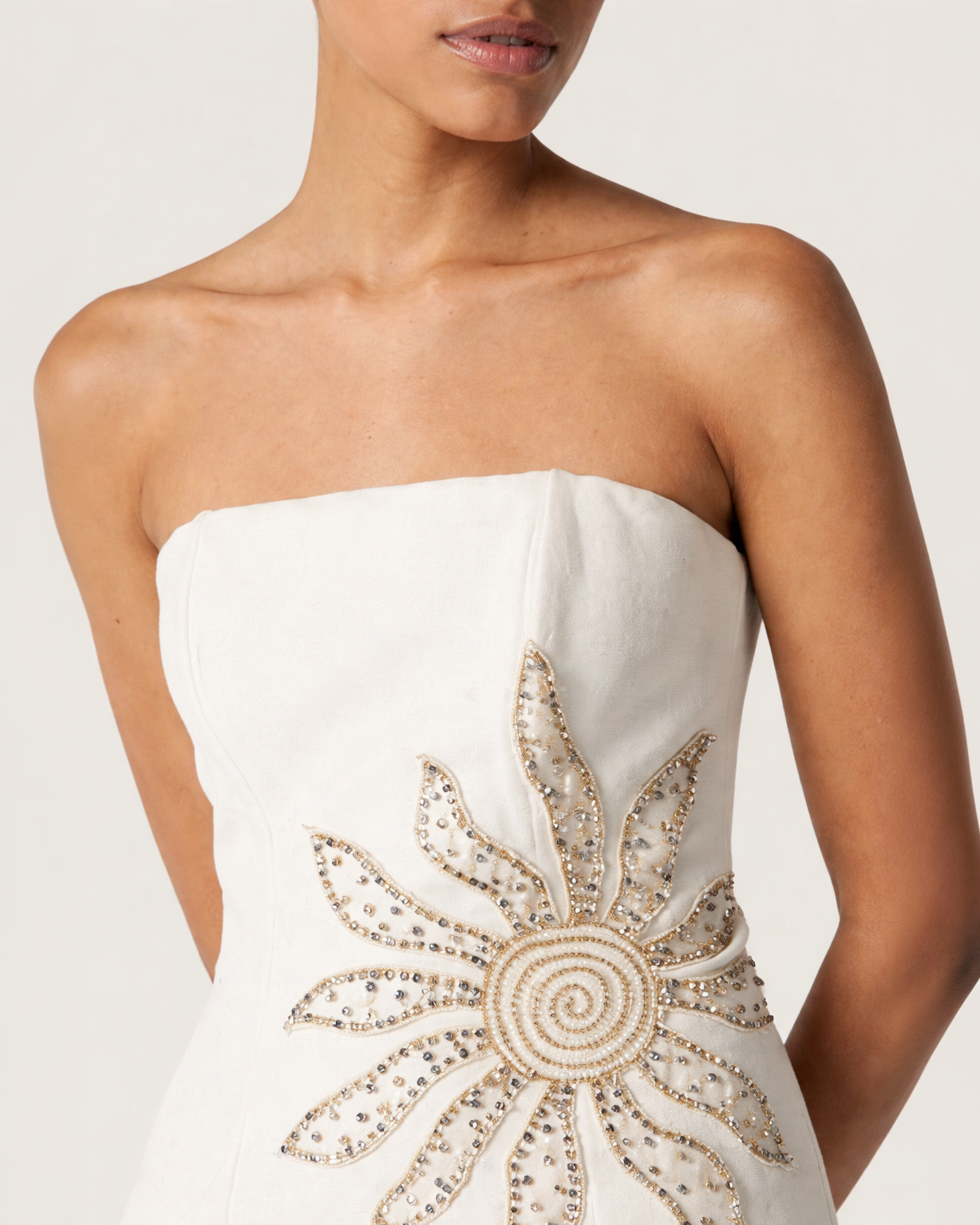Embellished Strapless Mini Dress in Ivory