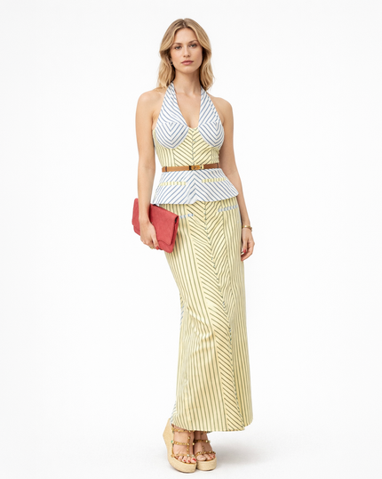 Striped Halter Neck Peplum Maxi Dress