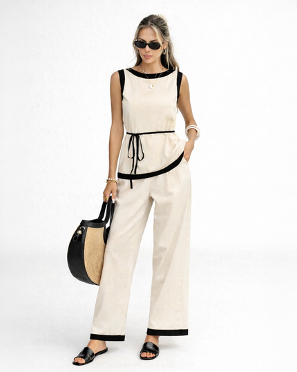 Ivory Contrast Trim Linen Co-ord Set