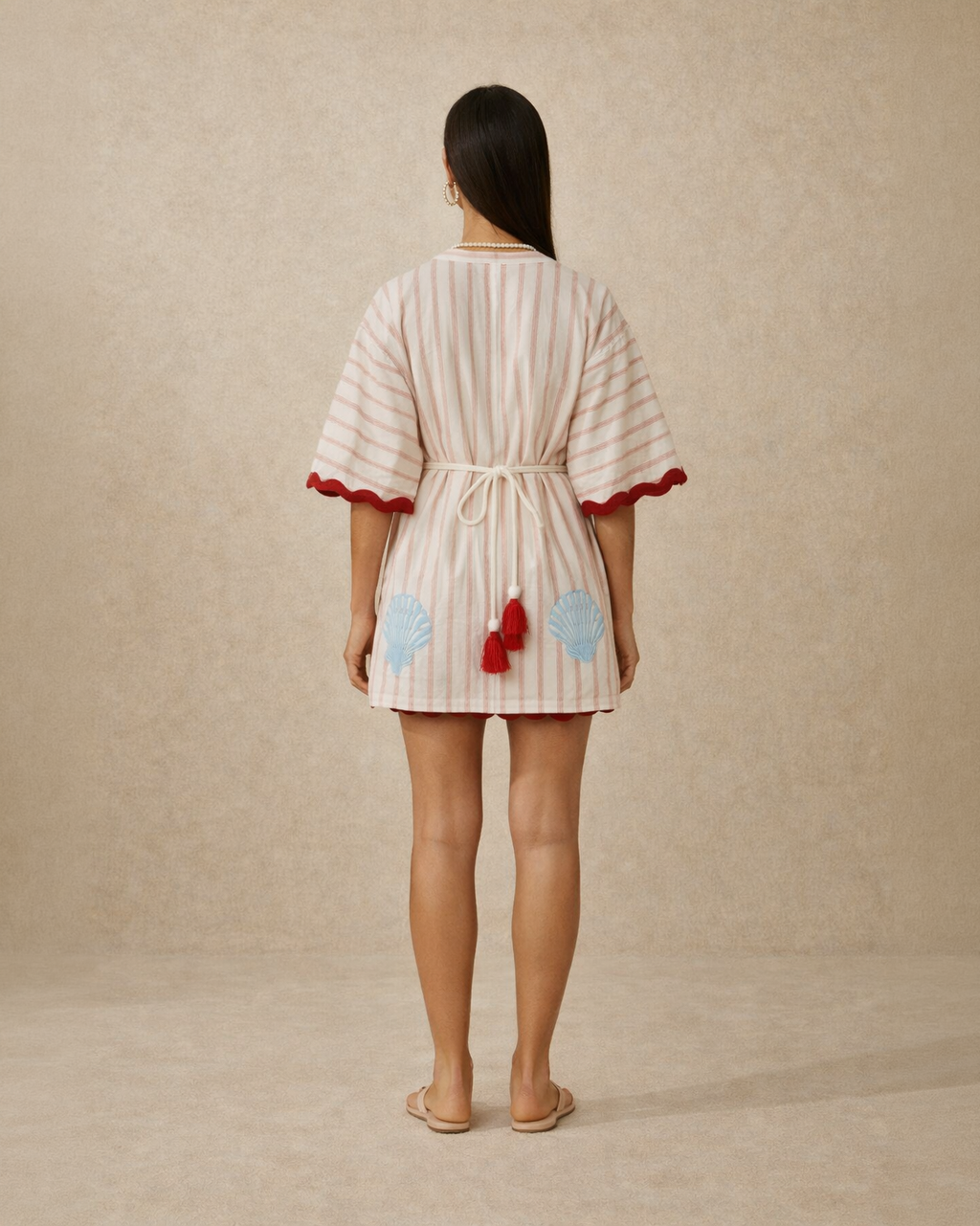 Coral Tide Embroidered Kimono Dress