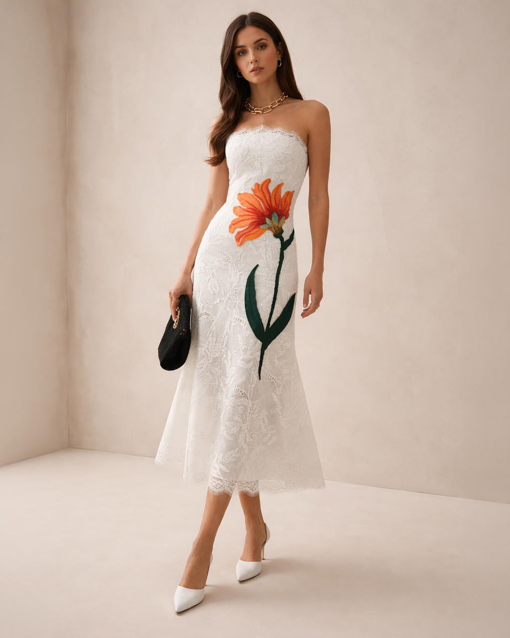 Ivory Lace Midi Dress with Floral Embroidery