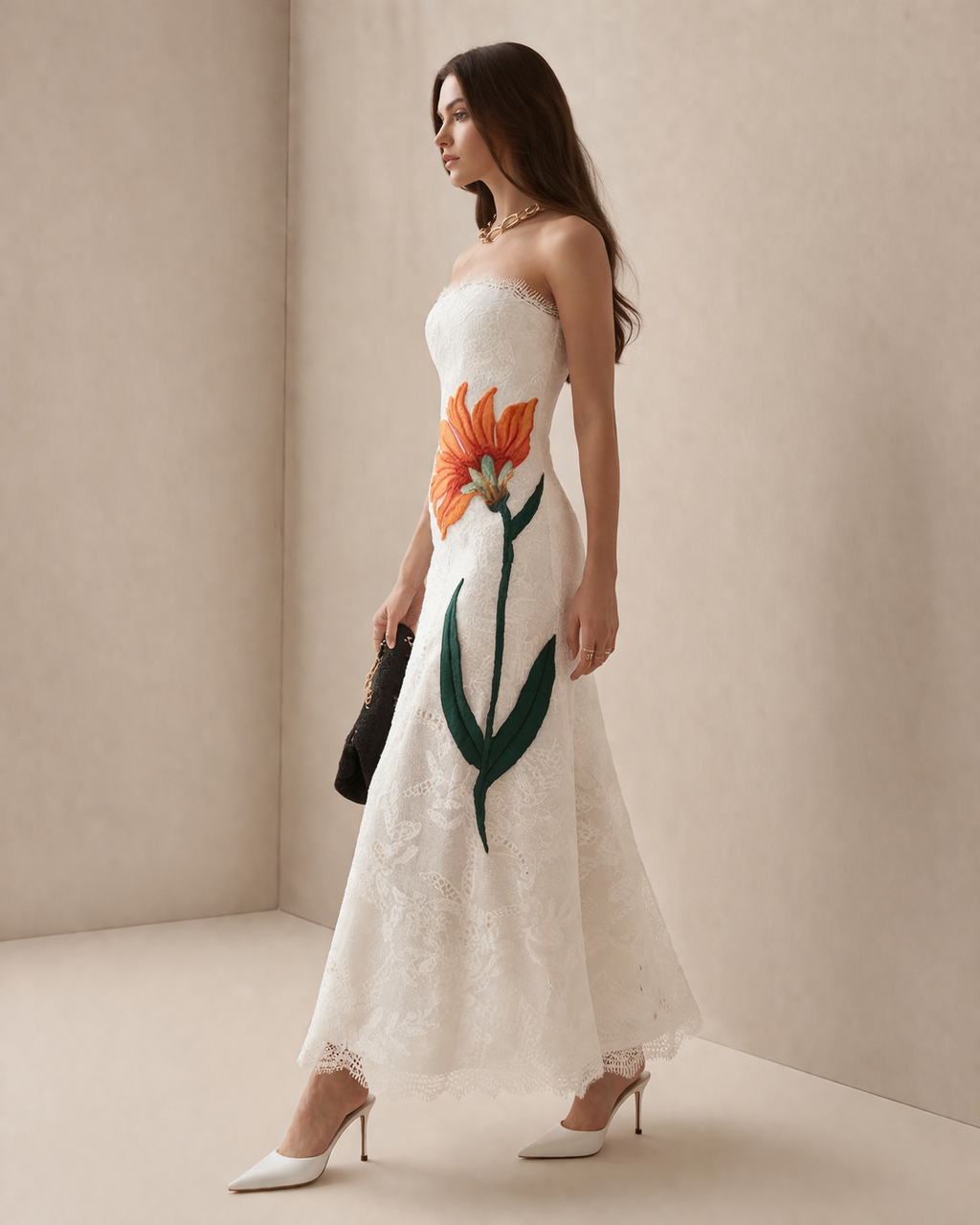Ivory Lace Midi Dress with Floral Embroidery