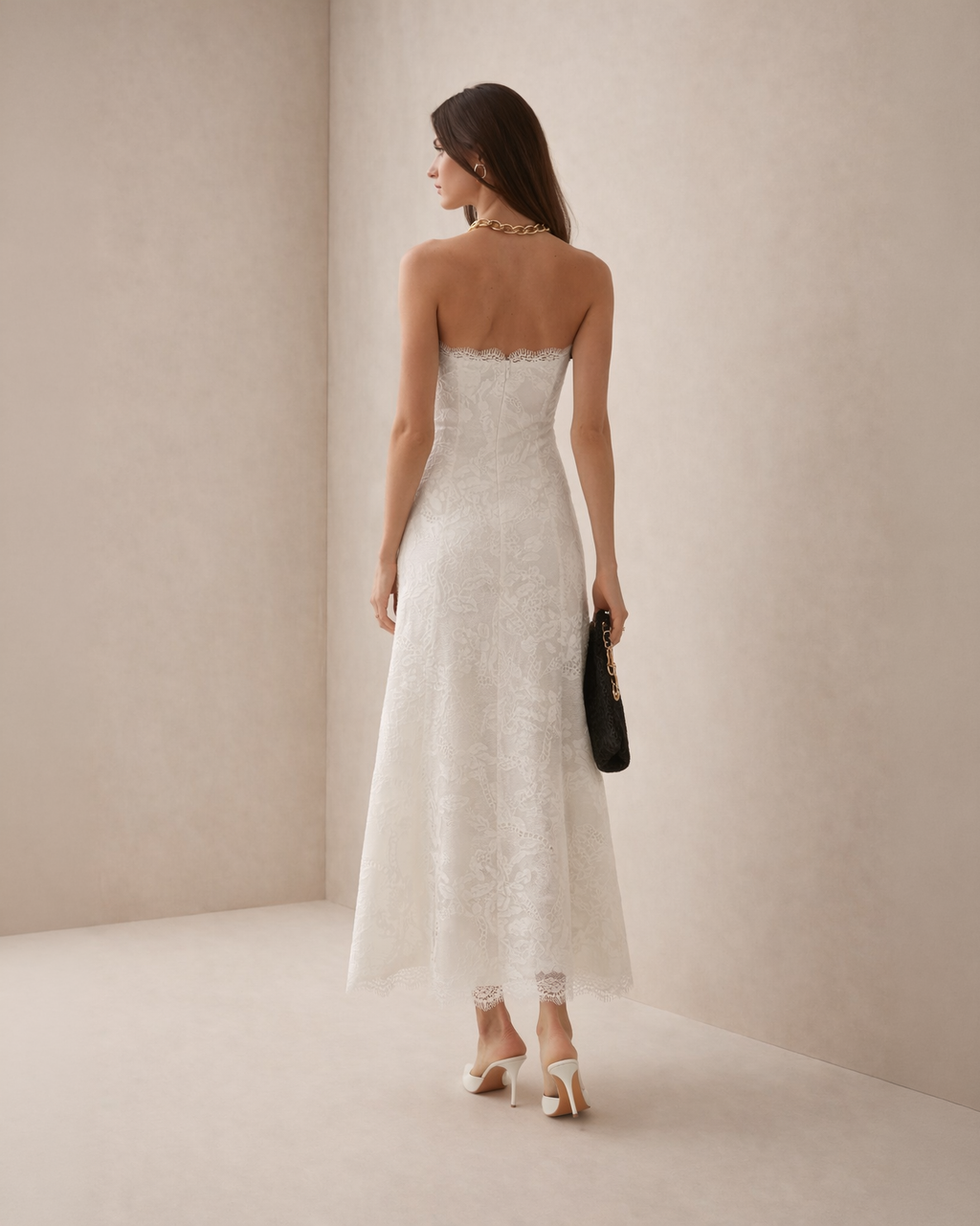 Ivory Lace Midi Dress with Floral Embroidery
