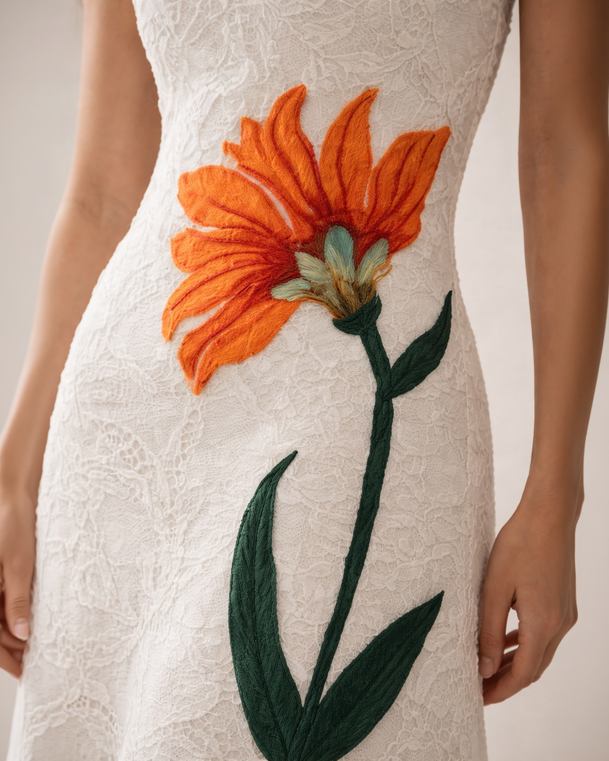 Ivory Lace Midi Dress with Floral Embroidery